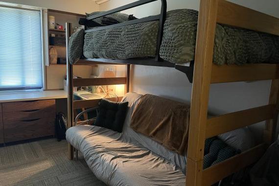 Tamarack double room with a lofted bed and futon underneath the loft.